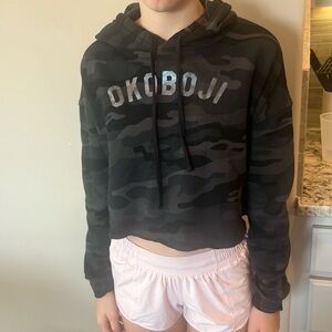 Okoboji camouflage cropped hoodie. Size XS